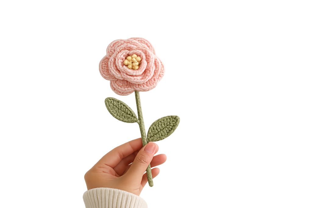 Hand holding a pink crochet rose — Alfora